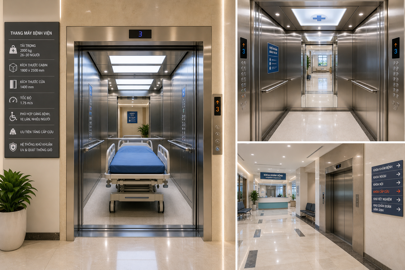 Thang máy bệnh viện inox rộng chở giường bệnh, cửa mở tại sảnh khoa khám bệnh hiện đại